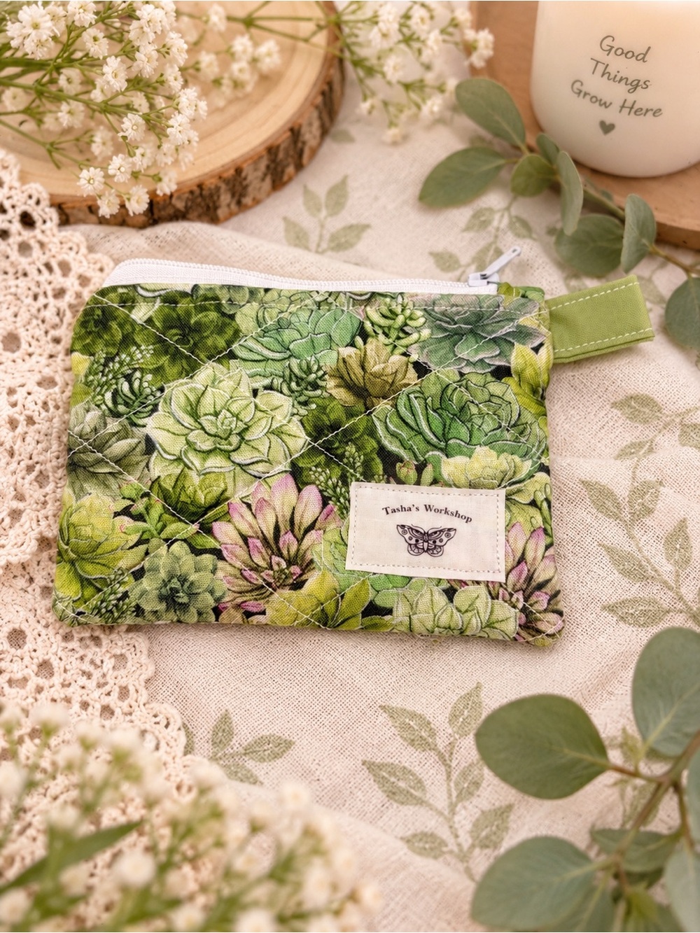 Succulent Quilted Keychain Wallet